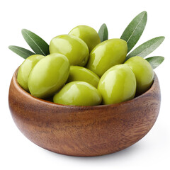 Delicious green olives in a wooden bowl, isolated on white background
