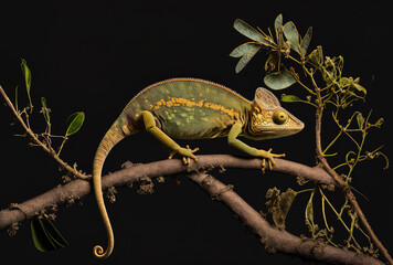 Fototapeta premium Black backdrop with a female chameleon Jackson strolling over a branch Jackson's chameleon on a branch, female. Generative AI