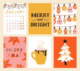 Vector collection of Christmas poster templates. New year 2023 set of christmas greeting cards. Bright colors. presents and hand written lettering for your invitation and design.