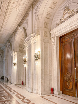 Bucharest, Romania - April 6, 2022: Inside Parliament Palace -Architectural wall detail- Classic interior design of the historic building.