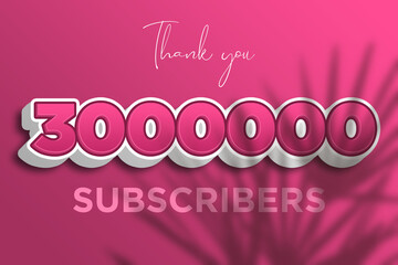 3000000 subscribers celebration greeting banner with Pink 3D  Design