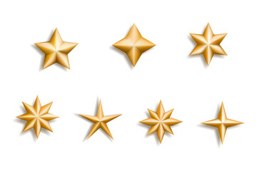 Obraz premium 3d Christmas stars, realistic gold icons. Golden decoration elements different forms, realistic metal starburst, various shapes asterisk. Holiday celebration glitter. Vector isolated set