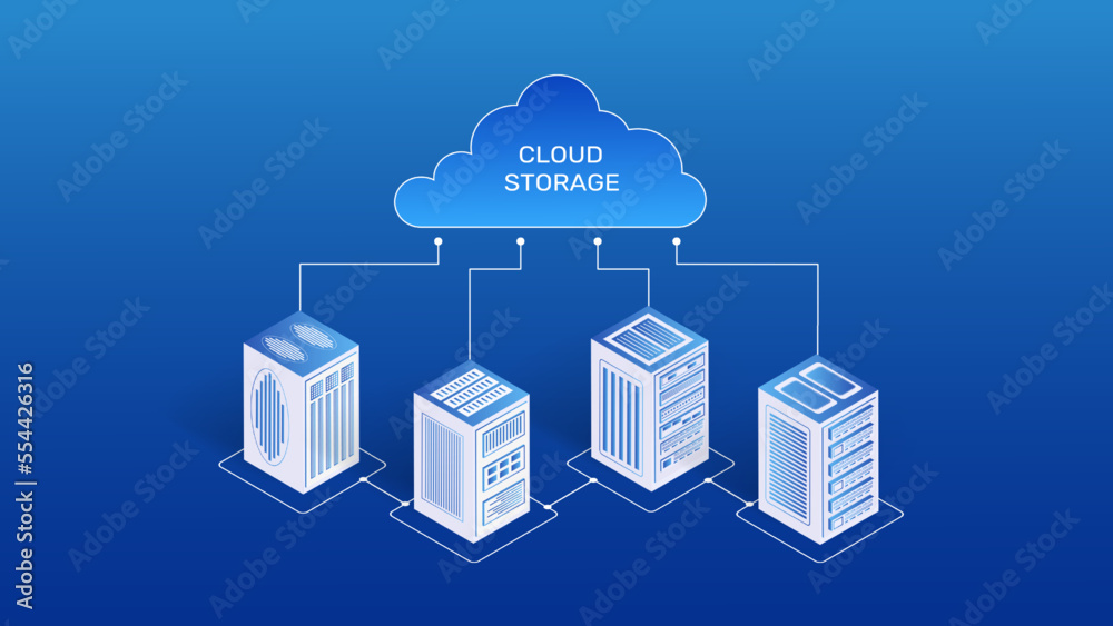 Fototapete Isometric cloud server. 3D big data. Network hosting background. Share datacenter on computer. Information storage. Database connection. Digital infrastructure. Vector illustration concept