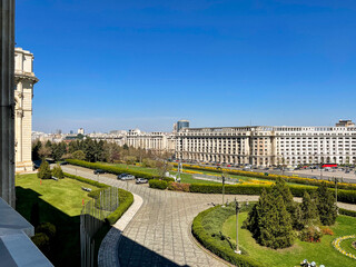 Perspective view from the balcony of the Palace of Parliament in Bucharest, Romania -looking towards Constitution Square and Liberty Boulevard.