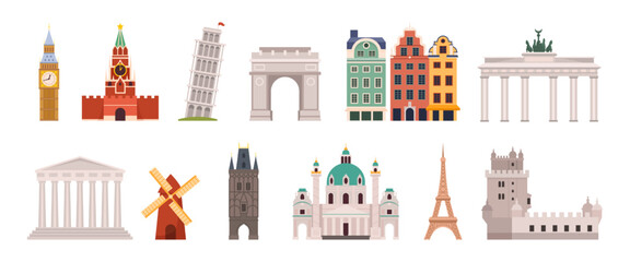 Obraz premium Europe landmarks. Switzerland monument. Building symbols. Austria and Spain travel. World architecture. Historic heritage. Temples and castles. Global tourism tour. Vector illustration set