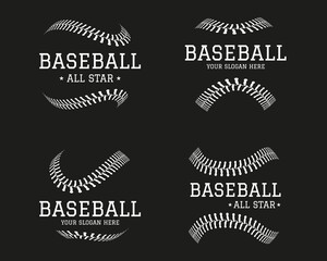 Softball logotype set, baseball logo, ball icons. Sport league graphic design, base leather, american game team. White elements on black background. Curve stitches pattern, vector illustration - obrazy, fototapety, plakaty