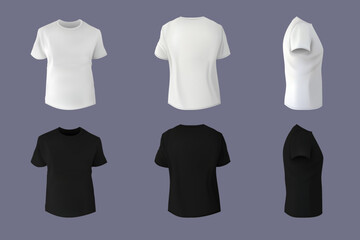 Black, white blank t-shirt realistic mockup. Front and back sides, sport long sleeve shirt for print, view of men clothes different angles view. Promotional elements. Vector design template