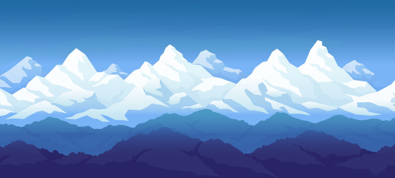 Snow mountains range, rocky silhouette. Peak landscape, climbing in ice, winter hiking shapes. High snowy blue peaks, ski adventure, horizontal banner. Vector panorama background