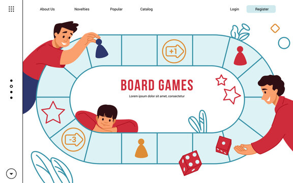 Family game board, playing landing page. Business people fun, happy man hand team, success education. Happy people with dice and chips. Vector cartoon flat illustration banner template