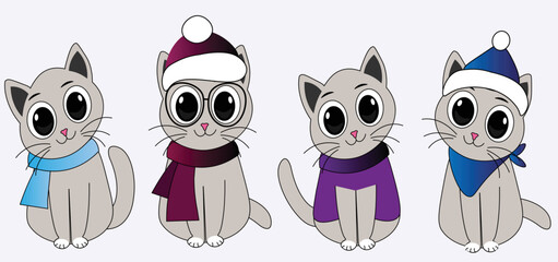 Set of cute cat in different style. Draw vector banner cute cat on white for, greeting card, poster, cover, print, banner web. Doodle cartoon style.