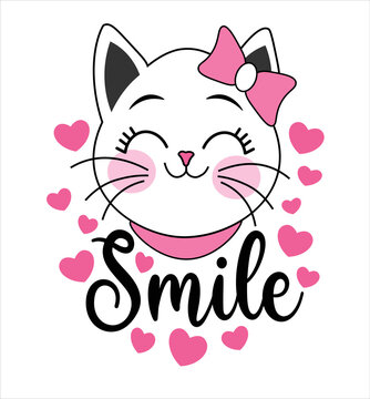 Cute Cat Girl Say Smile. Graphic Element For Kids, Greeting Card, Cover, Poster And T-shirt. Vector Illustration