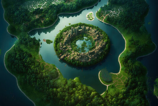 Brand New Green Urbanism Idea. A City Shaped Lake May Be Seen In The Middle Of A Pure, Unspoiled Rainforest Environment When Viewed From Above. Generative AI