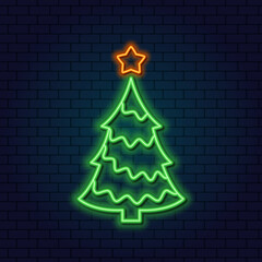 Neon glowing symbol of the new year. Christmas tree with a star and a garland on a dark background. Holiday concept