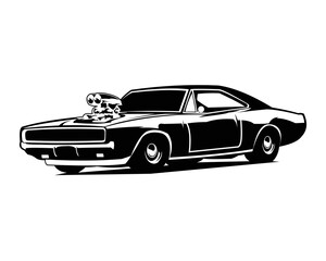 dodge charger car silhouette isolated white background showing from side. Best for logos, badges, emblems and old challenger car industry.