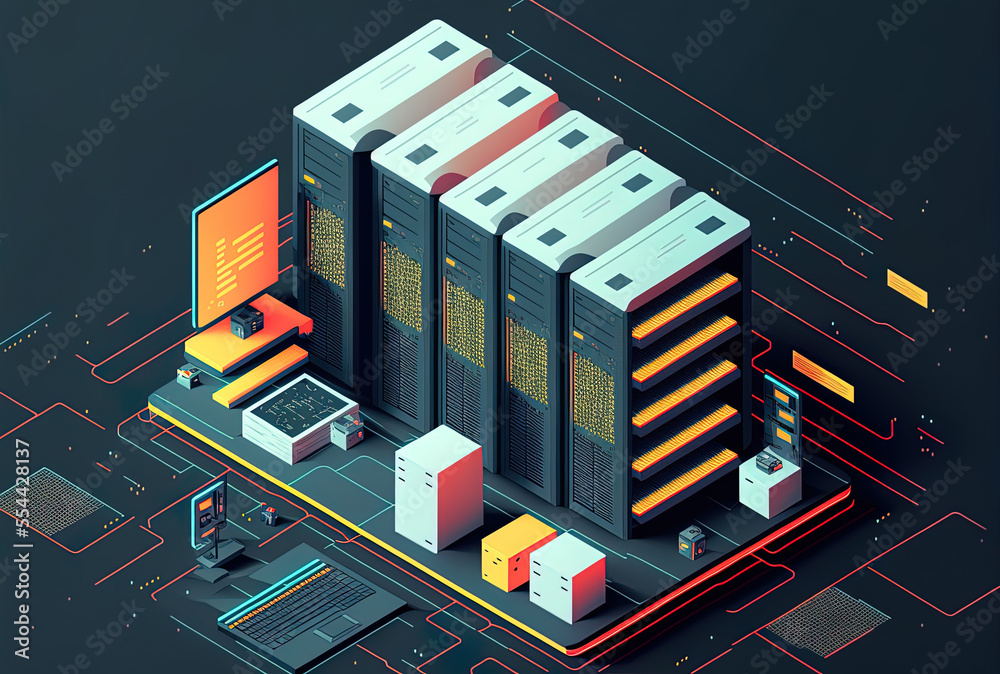 Poster image of a data analytics platform in isometric perspective. background image of a data center or ho