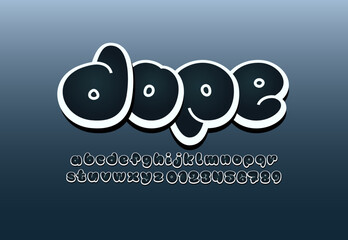 Comic font, cute alphabet in the cartoon style, black uppercase and lowercase letters and numbers