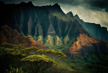 Kauai, Hawaii, is the location of this lovely high angle photograph of the mountain cliffs and trees. Generative AI