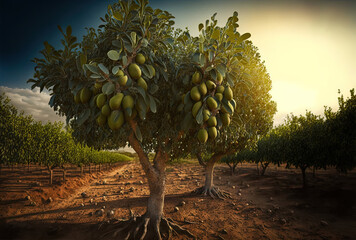 Hass avocado trees are grown on farms and in organic plantations in Costa Tropical, Andalusia, Spain. Generative AI - obrazy, fototapety, plakaty