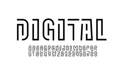 Digital font alphabet from segment black line, minimal technology style letters and numbers