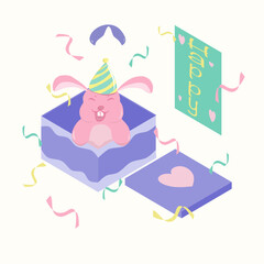 Cute rabbit illustration about happy, celebration, cartoon, vector, drawing