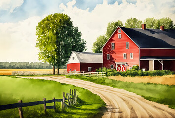 Amish Farm. Red barn and green fields. tourism in agriculture. a summer day. for a greeting card, landscape. Painting in watercolor. acrylic art drawings. A work of art. Generative AI - obrazy, fototapety, plakaty