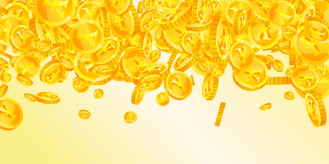 Obraz premium Japanese yen coins falling. Scattered gold JPY