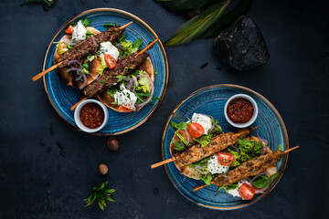 Set of kebab, barbecued beef and chicken on a stick with tomatoes, lettuce, onion, arugula, sour...