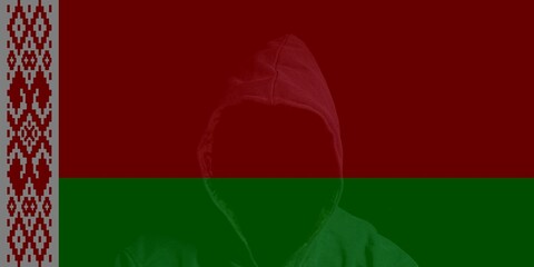 Double exposure of Belarus flag and Anonymous person in hood
