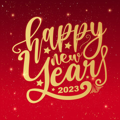 Happy New Year 2023. Holiday Vector Illustration. Shiny Lettering Composition With Stars And Sparkles.