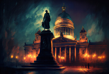 Fototapeta premium St. Isaac Square at night in St. Petersburg. Generative AI