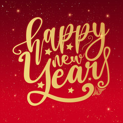 Happy New Year. Holiday Vector Illustration. Shiny Lettering Composition With Stars And Sparkles