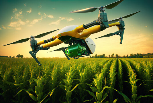 Agricultural drones hover above fields of sweet corn to sprinkle fertilizer with them. Generative AI