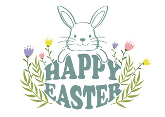 Happy Easter Vector Colorful Symbol Logo With A Cartoonish Easter Bunny Isolated On A White Background. 