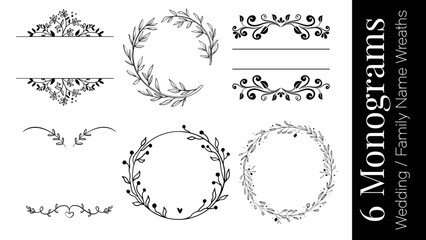 Floral Set of Bordered Frames, Vintage and Hand Made Family Name Monogram SVG Bundle of 6 Designs 