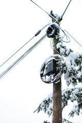 AC transformer. Transmission of electricity through a distribution transformer on a pole