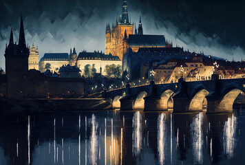 Nighttime views of the Charles Bridge and Vltava River in Prague, Czech Republic. Generative AI - obrazy, fototapety, plakaty