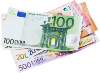 All euro banknotes on white background. Perfect content with money to create business concepts, economic and financial news.