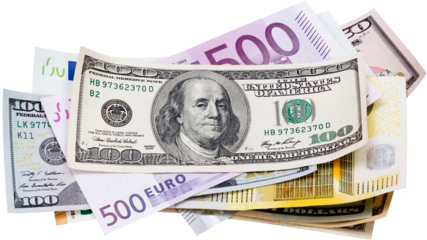 100 dollar and euro banknotes isolated on white background. Perfect content with money to create business concepts, economic and financial news.