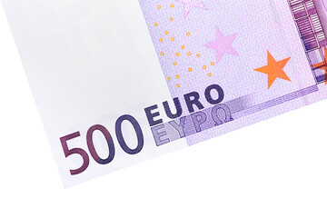 Part of the banknote denomination of 500 euros in close up, isolated on a white background to create business concepts. - obrazy, fototapety, plakaty