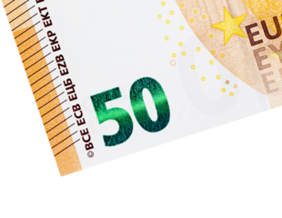 Part of the banknote denomination of 50 euros in close up, isolated on a white background to create business concepts.