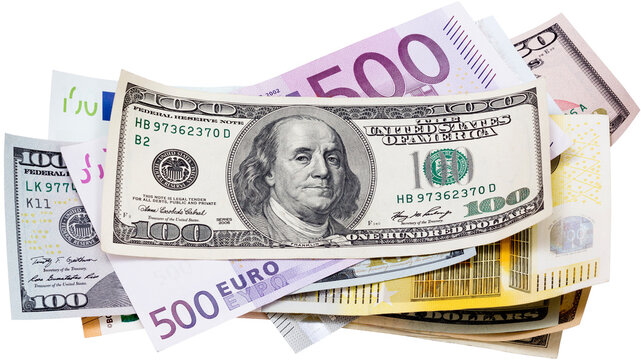 100 dollar and euro banknotes isolated on white background. Perfect content with money to create business concepts, economic and financial news. - Powered by Adobe