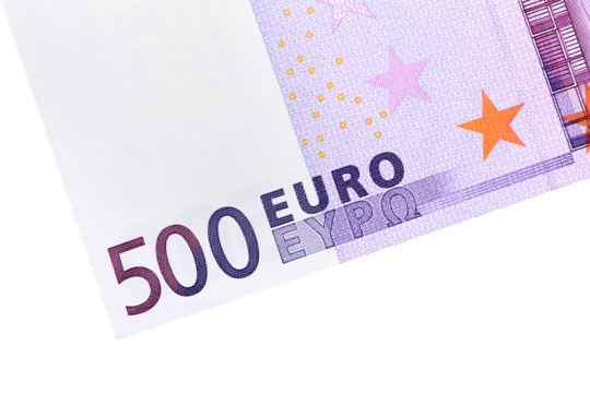 Part of the banknote denomination of 500 euros in close up, isolated on a white background to create business concepts.