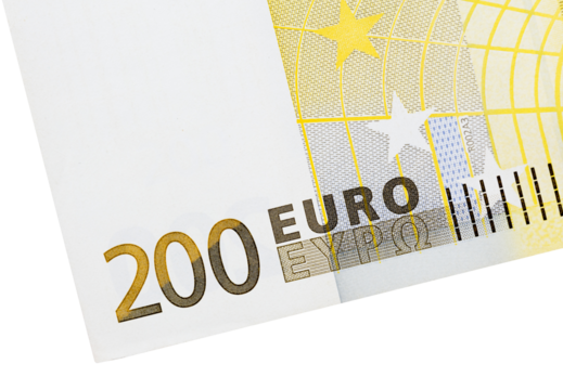 Part of the banknote denomination of 200 euros in close up, isolated on a white background to create business concepts.
