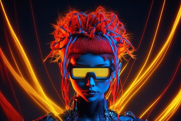 illustration digital art of fictional woman wearing VR headset look straight shot, idea for futuristic lifestyle concept