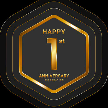 1st Anniversary. Golden Anniversary With Hexagon Style For Celebration Event. Logo Vector Illustration