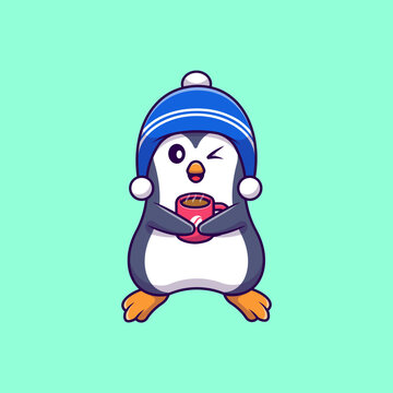Cute Penguin Drinking Coffee Cartoon Vector Icons Illustration. Flat Cartoon Concept. Suitable for any creative project.