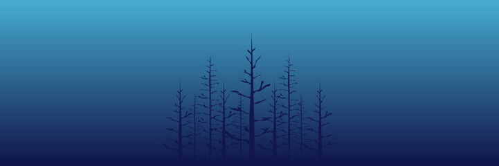 tree silhouette in fog sunrise landscape vector illustration good for web banner, ads banner, tourism banner, wallpaper, background template, and adventure design backdrop	