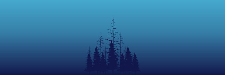 tree silhouette in fog sunrise landscape vector illustration good for web banner, ads banner, tourism banner, wallpaper, background template, and adventure design backdrop	