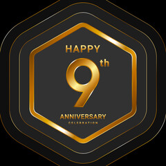 9th Anniversary. Golden Anniversary With Hexagon Style For Celebration Event. Logo Vector Illustration