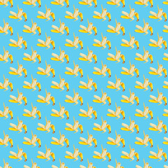 Colorful fruit pattern of fresh yellow bananas on blue background. Top view